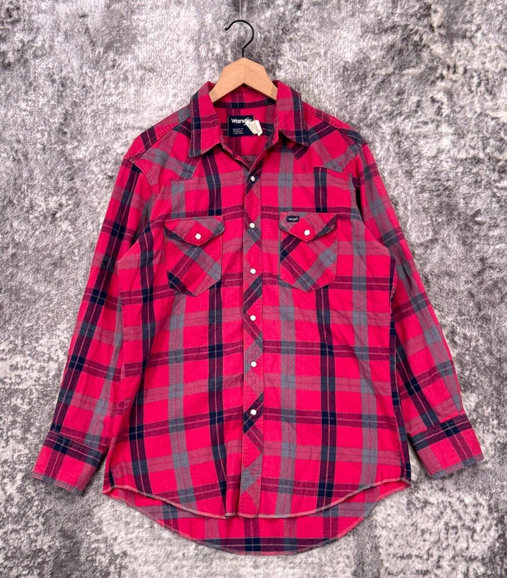 Vintage Wrangler Shirt 16.5 / XL Mens Brushpopper Pink Plaid Pearl Snap Made USA